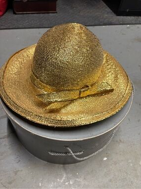 Frank Olive metallic gold hat with hatbox